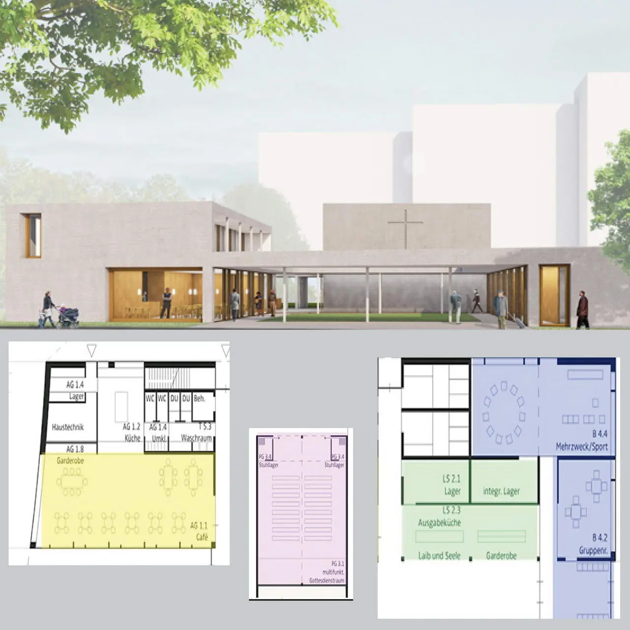 Collage Architekturzeichnungen zum geplanten Neubau Gemeindezentrum Celsiusstraße