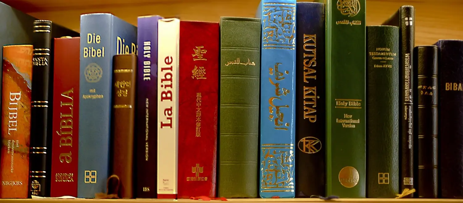 Bücherregal voller Bibeln in verschiedenen Sprachen