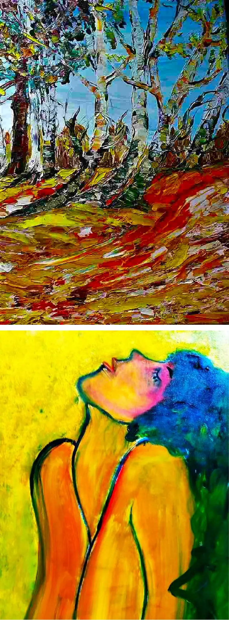 Bild oben: "Herbststimmung" Öl auf Leinwand, 50 x 60 cm von Armgard Röhl / Bild unten "Frauenkopf" Öl auf Leinwand, 60 x 70 cm von Armgard Röhl
