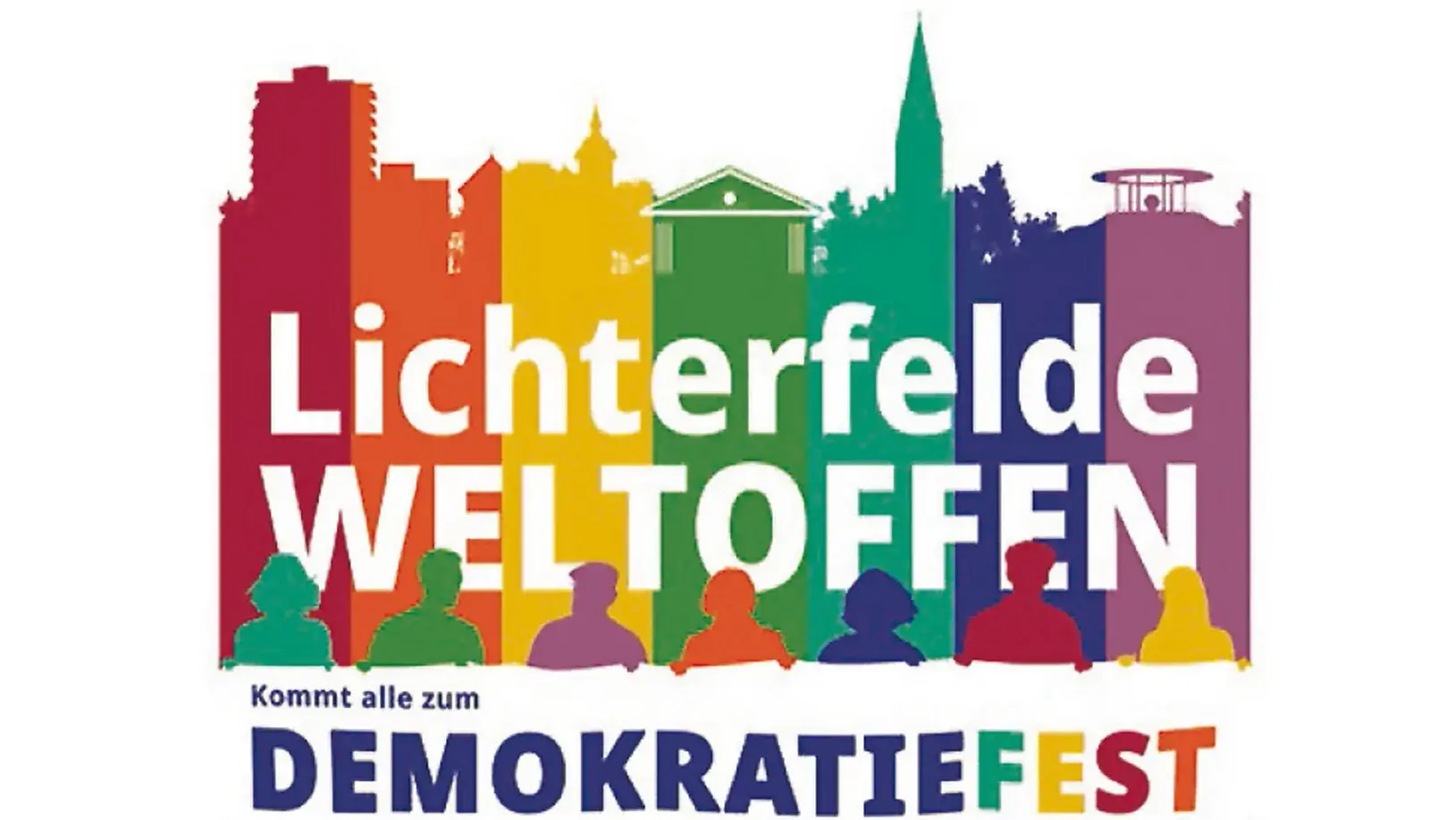 Logo der Initiative "Lichterfelde Weltoffen" mit einer bunten Silhouette des Stadtbezirks und dem Schriftzug "Kommt alle zum Demokratiefest"