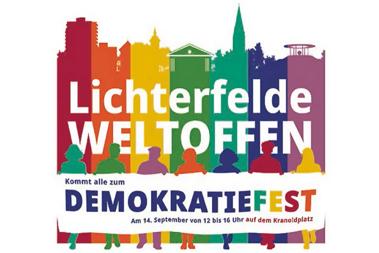 Logo der Initiative "Lichterfelde Weltoffen" mit einer bunten Silhouette des Stadtbezirks und dem Schriftzug "Kommt alle zum Demokratiefest"