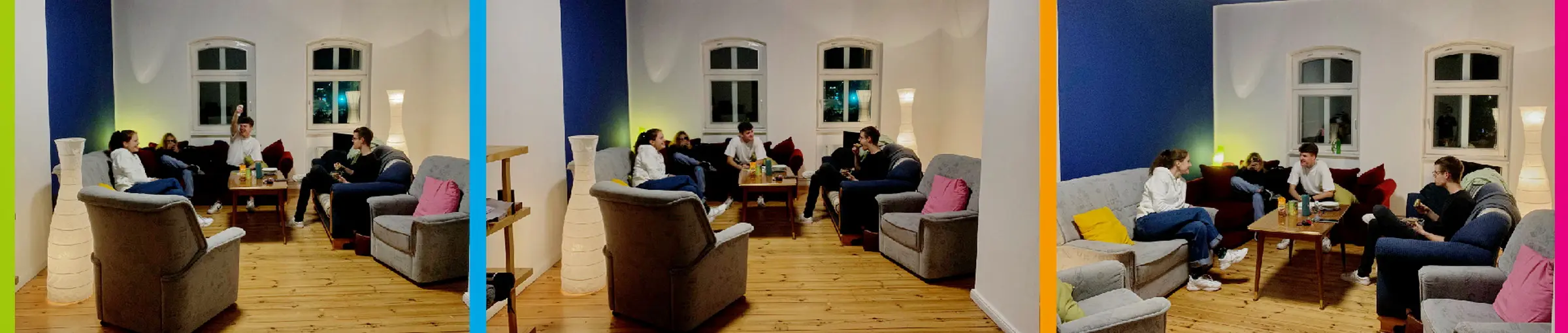 Jugendetage: Jugendliche sitzen auf Sofas und spielen 