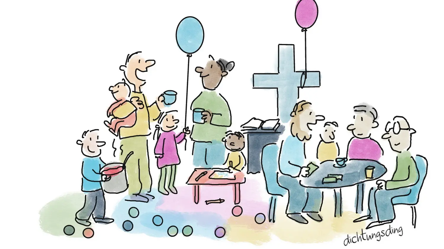 Cartoon Kirche mit Kindern und Familien
