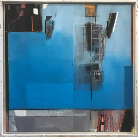 Helmut Klock: TRANSIT, Urfassung 2020, Acryl, Kreide und Montage auf Leinwand, 80 x 80 cm