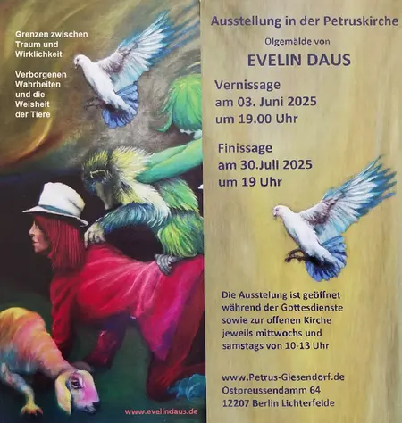 Einladungskarte zur Ausstellungseröffnung mit einem Ausschnitt aus dem Bild "Vorwärts" (2023, Öl auf Leinwand, 145 x 270 cm)