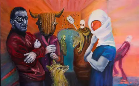 Evelin Daus „T. sieht rot“, 2021, Öl auf Leinwand, 90 x 145 cm