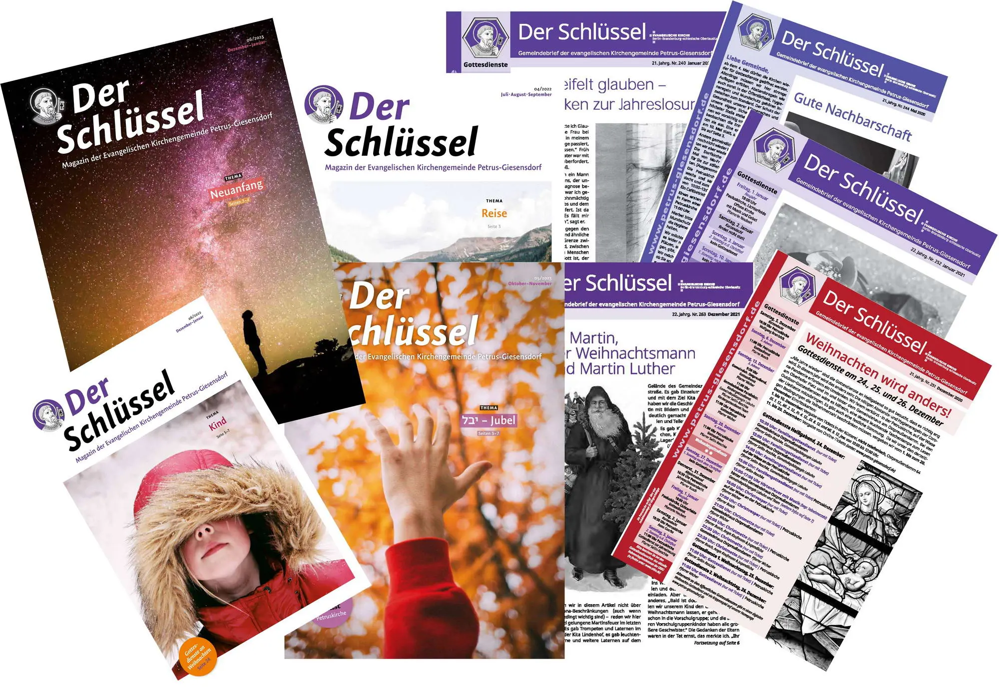 Collage verschiedener Ausgaben des Gemeindebriefes "Der Schlüssel"