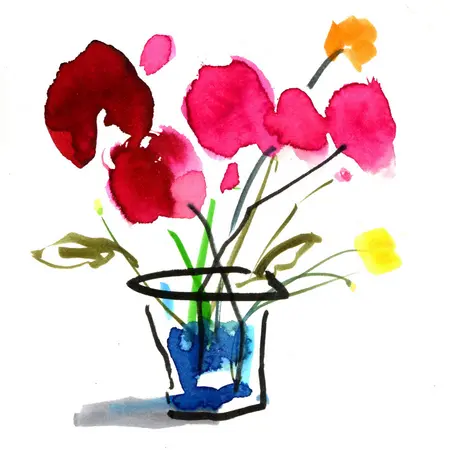 Aquarell: Blumenstrauß mit rot und pinkfarbigen Blüren in einer Vase