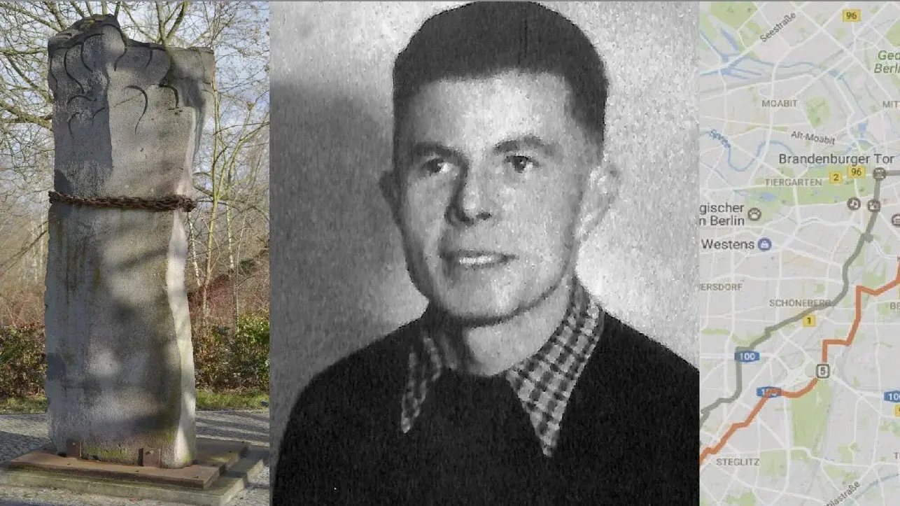 Gedenkstein Säule der Gefangenen / Portraitbild Rudi Wunderlich / Karte zur Radtour