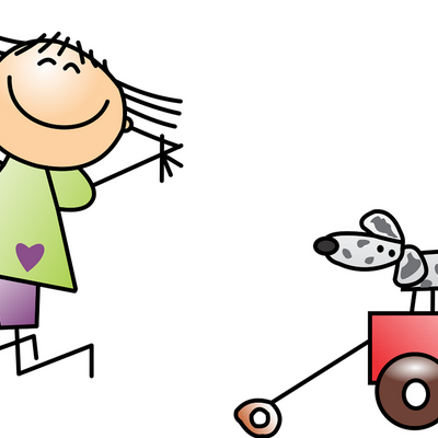 Comichaft gezeichnete Kinderfigur mit Bollerwagen