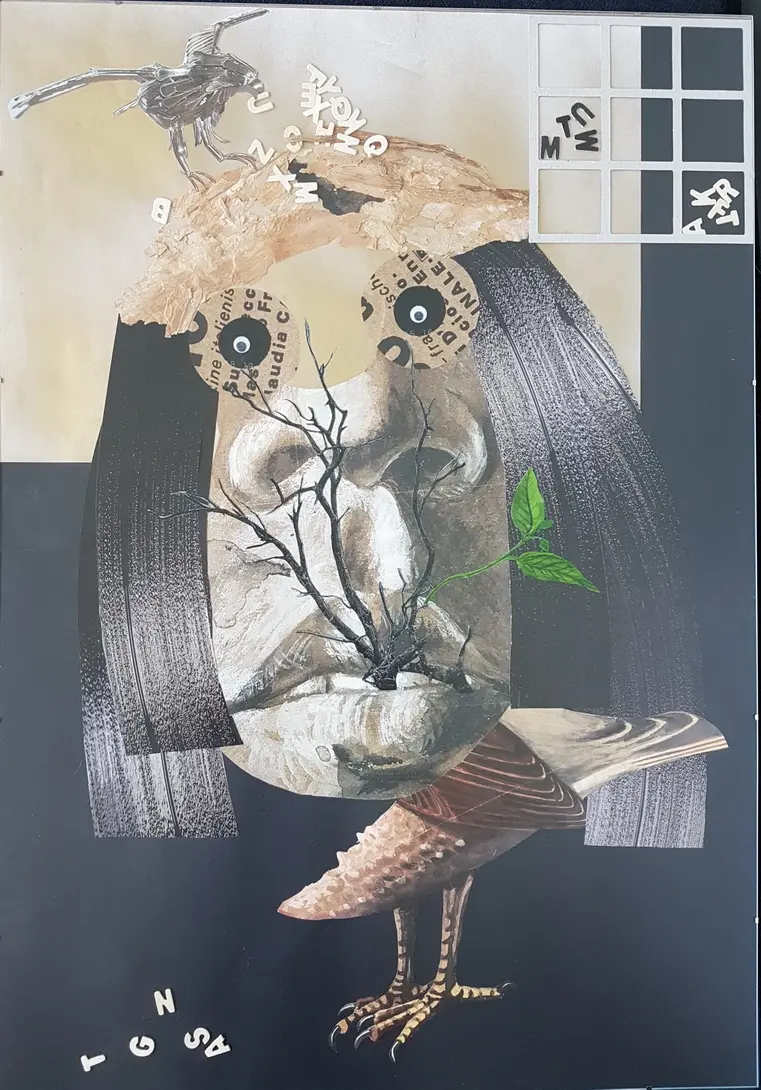 Assemblage &quot;Ich&quot;, 2023, Papier, Pappe, Holz, Acryl, 70×100 cm