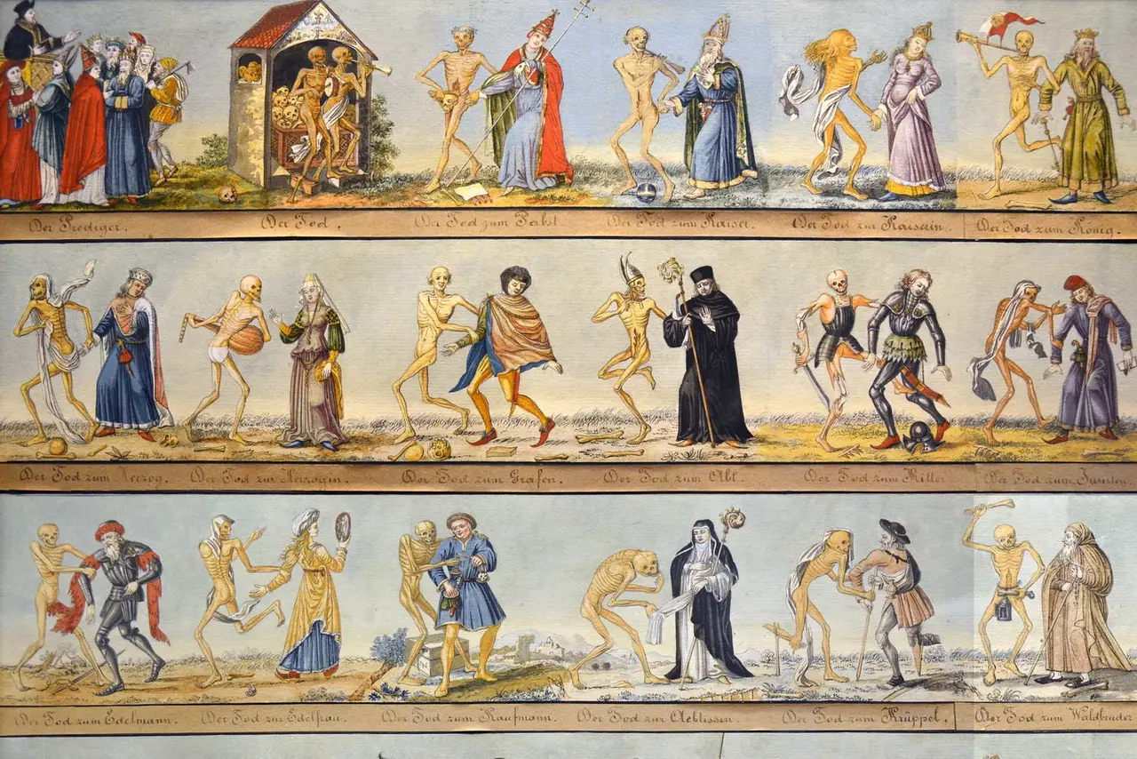 Johann Rudolf Feyerabend: Basler Totentanz oder Tod von Basel, 1806, Aquarellzeichnung, Historisches Museum Basel,
nach einem spätmittelalterlichen Wandbild, 1439/40 (1805 zerstört), das sich an der Innenseite des Laienfriedhofes des
Predigerklosters in Basel befand. (Bildausschnitt: Wikimedia)