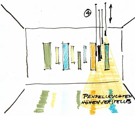Entwurfsskizze der Architektin und Lichtgestalterin Sandra Lorenz für die zukünftige Gemeindesaalbeleuchtung 