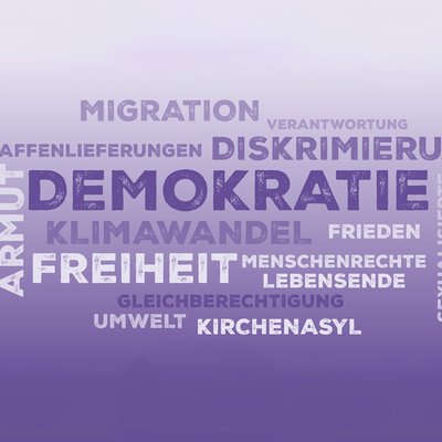 >W>ortwolke mit den Begriffen Freiheit, Demokratie, Migration, Diskriminierung und weiteren Wörtern