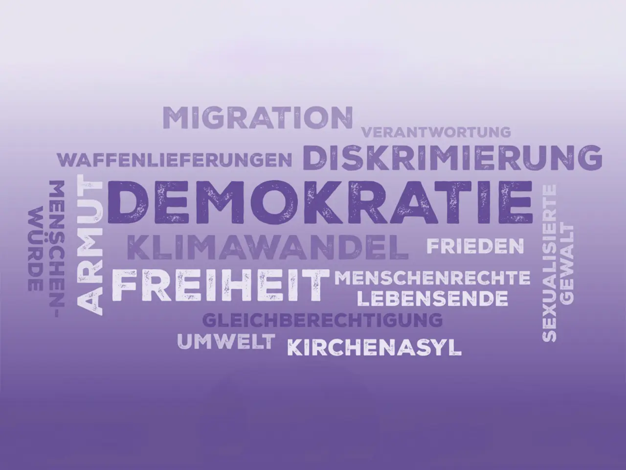 >W>ortwolke mit den Begriffen Freiheit, Demokratie, Migration, Diskriminierung und weiteren Wörtern