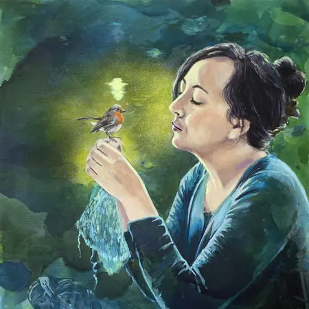 Meike Zopf: Stille Verbündete (2024, Acryl, Tusche auf Leinwand, 80 x 80 cm) Dem Rotkehlchen auf der Hand erzählt die dunkelhaarige Frau ein Geheimnis.