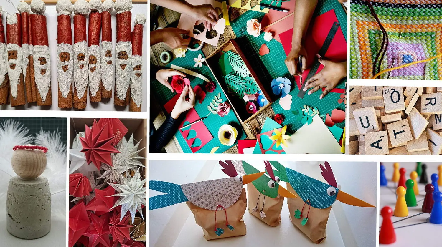 Collage: Weihnachts- und Osterbasteleien, Scrabbelsteine, Spielfiguren, Stickerei