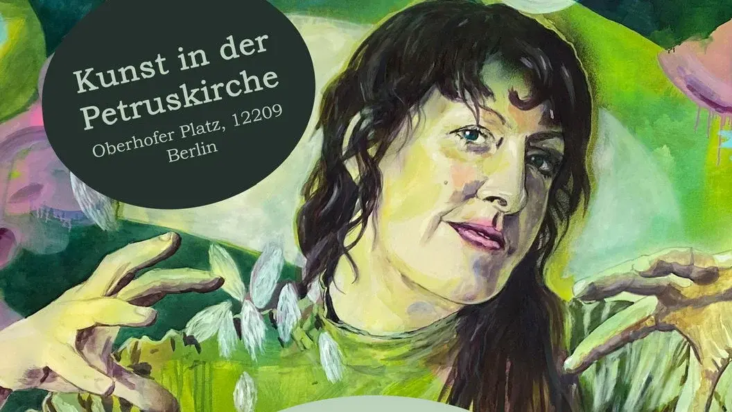 Plakat zur Ausstellung ABRACADABRA mit dem Bild Abrakadabra II (2024, Acryl, Tusche und Kohle auf Leinwand, 200 x 235 cm) im Hintergrund