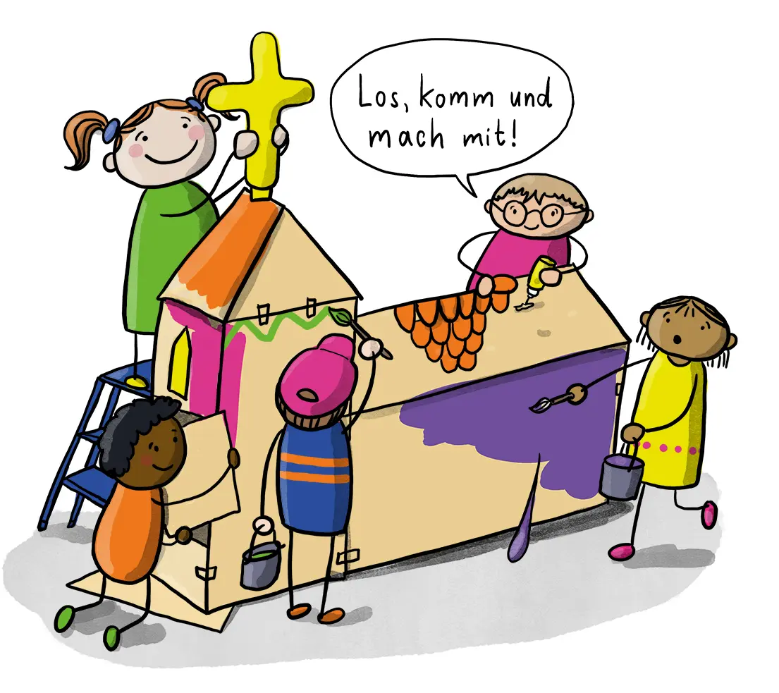 Kinder malen eine Kirche an